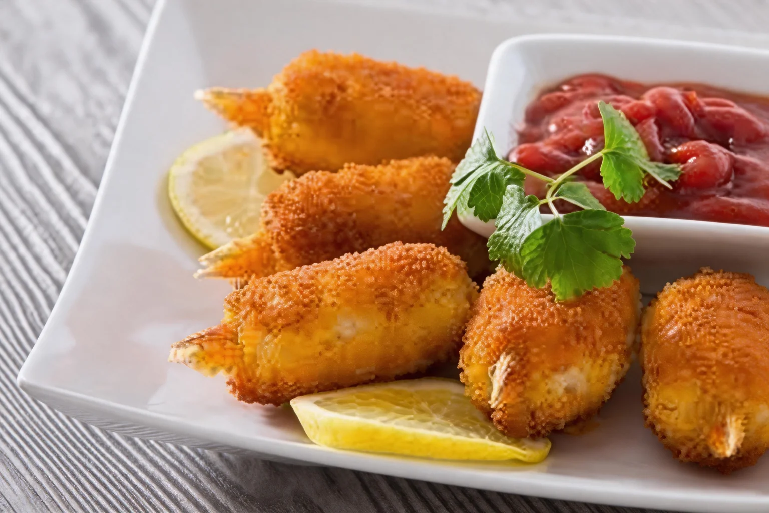Breaded crab claws on a white plate, lemon and dipping sauce