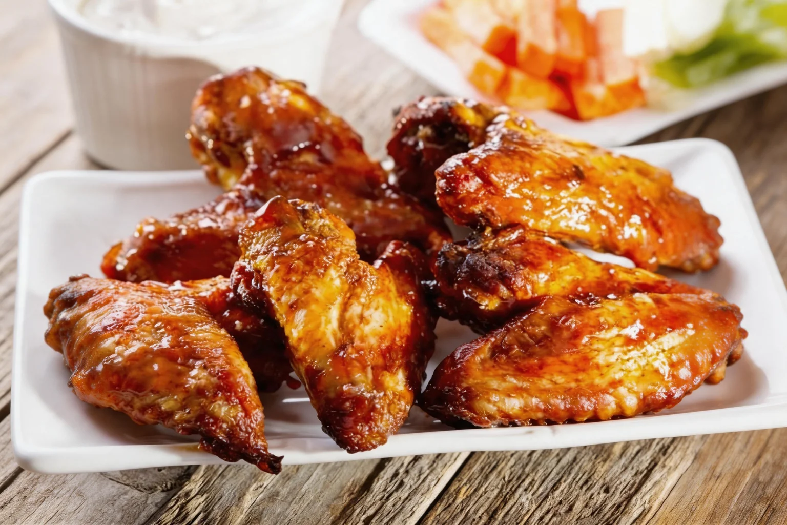 Caramelised, glazed chicken wings on a white plate