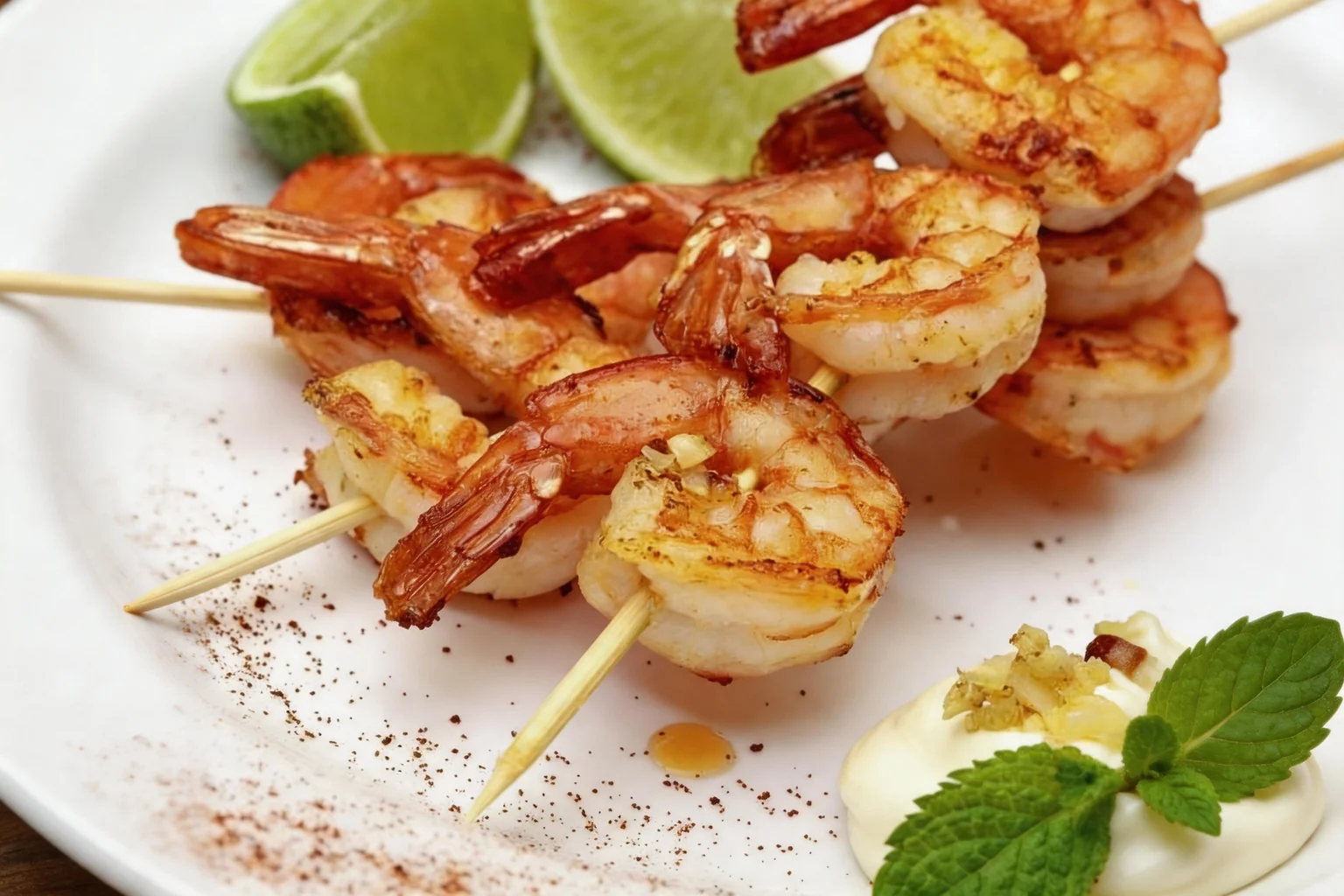 Shrimp skewers on wooden sticks, lime wedges