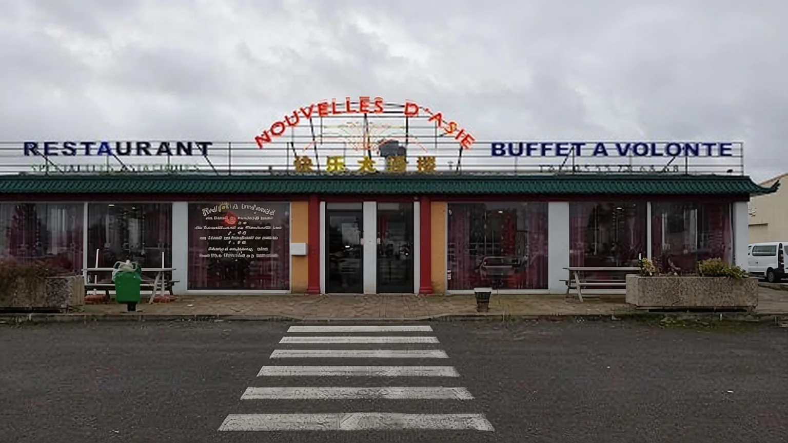Front of Nouvelles d'Asie, red and blue sign